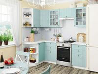 Небольшая угловая кухня в голубом и белом цвете Курган